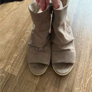 Tan Suede Peep-Toe Ankle Boots